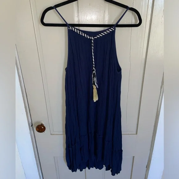 Philosophy Blue and Gold Tiered High Low Sundress Beach Coverup Flowy Stretchy - Picture 4 of 12